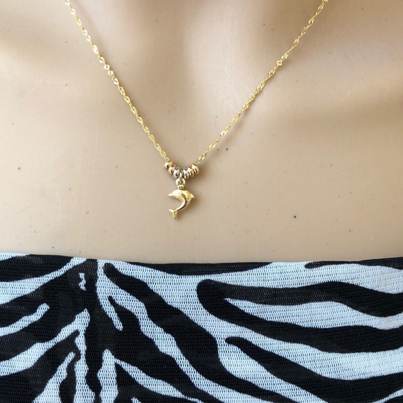 14K Solid Gold Mini Dolphin Charm Dainty Necklace